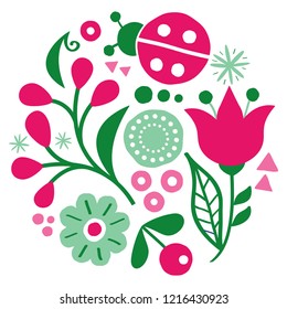 Floral folk art vector design, happy green and pink pattern with flowers and ladybird - Scandinavian greeting card or invitation, hand drawn style. Retro repetitive decoration in circle, wedding 