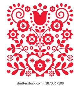 Floral folk art vector design from Nowy Sacz in Poland inspired by traditional highlanders embroidery Lachy Sadeckie. Polish ornament in red and white with flowers - Valentine's Day greeting card