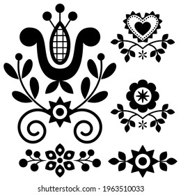 Elementos de diseño de vectores de arte folclórico folclórico inspirados en los tradicionales montañeses bordados Lachy Sadeckie de Nowy Sacz en Polonia en blanco y negro. Ornamento decorativo real con motivos animales y florales