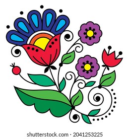Floral folk art vector design inspired by traditional embroidery patterns from Sweden, Scandinavian retro decoration with flowers, swirls and leaves. Nordic design elements perfect for greeting card 
