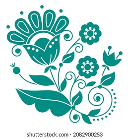 Floral folk art vector design inspired by traditional embroidery patterns from Sweden, Scandinavian retro decoration with green flowers, swirls and leaves. Nordic monochrome design elements perfect 