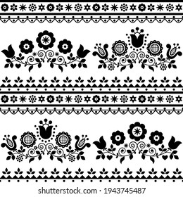 Floral folk art vector seamless textile or fabric print pattern with flowers - Polish Lachy Sadeckie. Repetitive floral ornament in black and white, old ethnic design from Nowy Sacz Poland 
 
	