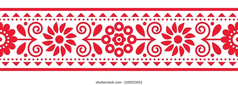 Floral folk art vector seamless embroidery band or belt pattern inspired by traditional designs Lachy Sadeckie from Poland - textile or fabric print ornament. Repetitive red Polish background