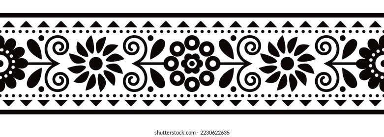 Floral folk art vector seamless embroidery band or belt pattern inspired by traditional designs Lachy Sadeckie from Poland - black and white textile or fabric print ornament. Repetitive decor