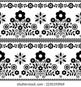 Floral folk art vector seamless textile or fabric print pattern with flowers - Polish folk art Lachy Sadeckie in black and white. Repetitive floral monochrome ornament, old ethnic design from Poland