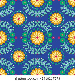 Floral folk composition seamless pattern in mexican style