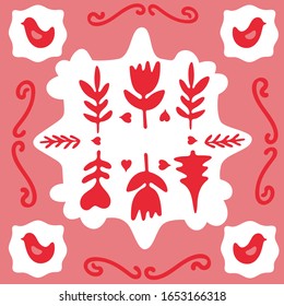 Blumenvolkstümchen-Vierkerkachel. Skandinavischer Stil mit traditionellen geometrischen Formen in festlichen Farben. Clipelemente aus Folklore für Fliesenmosaike, keramische Tischtücher, Servietten, Bänke, Postkarten