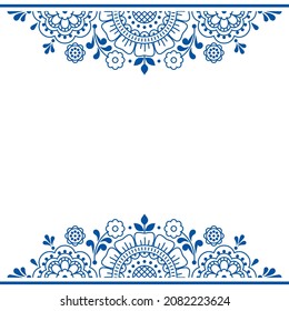 Floral folk outline vector greeting card or wedding invitation pattern with flowers and frame, cute Scandinavian frame or border pattern. Traditional  Scandi background in navy blue on white