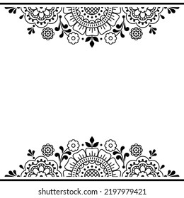 Floral folk outline vector greeting card or wedding invitation pattern with flowers and frame, cute Scandinavian frame or border pattern in black and white. Traditional monochrome Scandi background