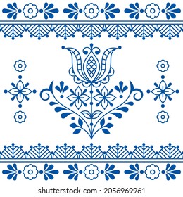 Floral folk outline vector seamless pattern with flowers and frame, greeting card, textile or fabric print design with flowers inspired by lace and embroidery Scandinavian art. Traditional retro  art