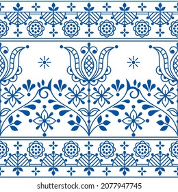 Floral folk outline vector seamless pattern with flowers and frame, ornamentall design with flowers inspired by lace and embroidery Scandinavian art. Traditional retro background in navy blue on white