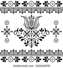 Floral folk outline vector seamless pattern with flowers and frame in black - greeting card, textile or fabric print design with flowers inspired by lace and embroidery Scandinavian art. 