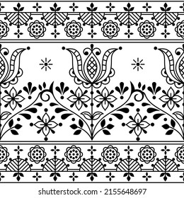 Floral folk outline vector seamless pattern with flowers and frame, ornamental black and white design with flowers inspired by lace and embroidery Scandinavian art. Traditional retro monochrome art