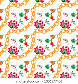 Floral folk pattern with golden chains. Chic small flower pattern design on a white background