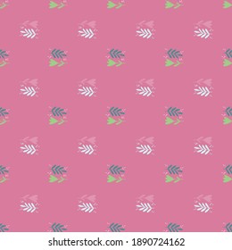 Floral folk seamless pattern with doodle dlowers and branches print on pink background. Vector illustration for seasonal textile prints, fabric, banners, backdrops and wallpapers.