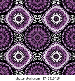 Floral folkloric round mandalas seamless pattern. Vector purple  abstract background. Repeat geometric backdrop. Ethnic violet ornament with vintage flowers, geometric shapes, lines, shapes, circles.