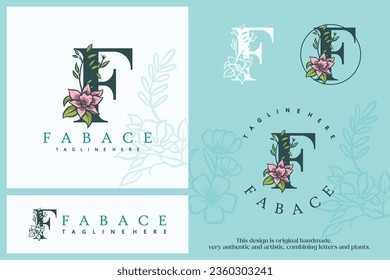 Floral font alphabet. plants and logo fonts. F logo. Laser cut template. Initial monogram letter. Can be used for brand identity.