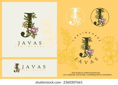 Floral font alphabet. plants and logo fonts. J logo. Laser cut template. Initial monogram letter. Can be used for brand identity.