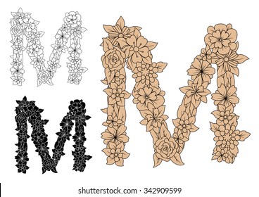 Floral font capital letter M with romantic blooming brown flowers. For vintage monogram or font design