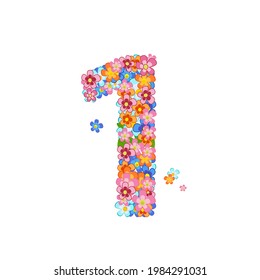 floral font with colorful tiny flowers. joyful number one