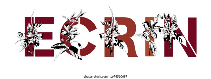 Composición de la fuente floral en rojo. Nombre de la mujer. Tipografía decorativa en estilo Art Nouveau, moderno, vintage.