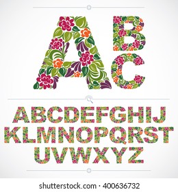 Floral Font, Hand-drawn Vector Capital Alphabet Letters Decorated With Botanical Pattern. Colorful Ornamental Typescript, Vintage Design Lettering.