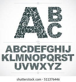 Floral Font, Hand-drawn Vector Capital Alphabet Letters Decorated With Botanical Pattern. Black And White Ornamental Typescript, Vintage Design Lettering.