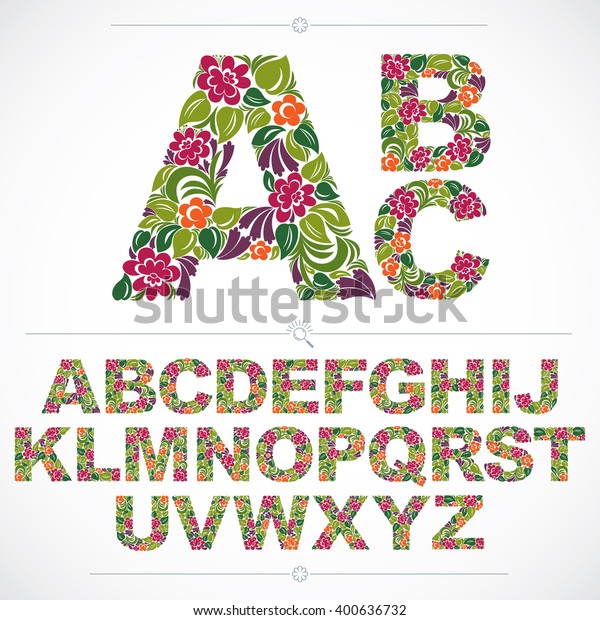 花柄のフォント 手書きのベクトル文字のアルファベット 植物柄で装飾 カラフルな装飾用のタイプスクリプト ビンテージデザイン文字 のベクター画像素材 ロイヤリティフリー