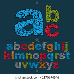 Floral font, hand-drawn vector lowercase alphabet letters decorated with botanical pattern. Colorful ornamental typescript, vintage design lettering.