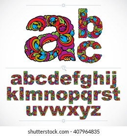 Floral font, hand-drawn vector lowercase alphabet letters decorated with botanical pattern. Colorful ornamental typescript, vintage design lettering.