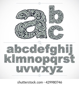 Floral font, hand-drawn vector lowercase alphabet letters decorated with botanical pattern. Black and white ornamental typescript, vintage design lettering.