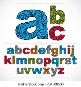 Floral font, hand-drawn vector lowercase alphabet letters decorated with botanical pattern. Colorful ornamental typescript, vintage design lettering.