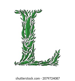 Floral font. Letter L. green leaves form a capital L. botanical drawing for postcards, banners, logos