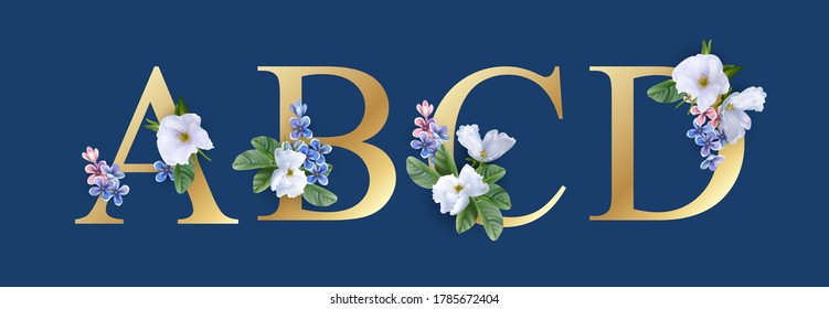 Floral Font. Letters A, B, C And D. Wedding Alphabet. Initials With Realistic Botanical Elements