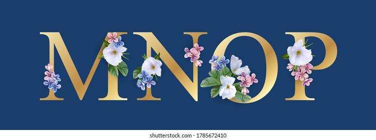 Floral Font. Letters M, N, O and P. Wedding alphabet. Initials with realistic botanical elements