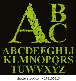 Floral font made with leaves, natural alphabet letters set, vector design.