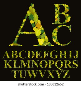 Floral font made with leaves, natural alphabet letters set, vector design.