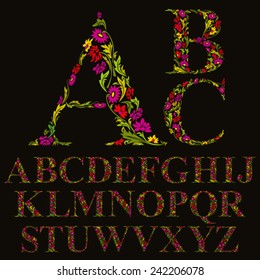 Floral font made with leaves, natural alphabet letters set, vector design.