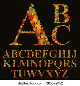 Floral font made with leaves, natural alphabet letters set, vector design.