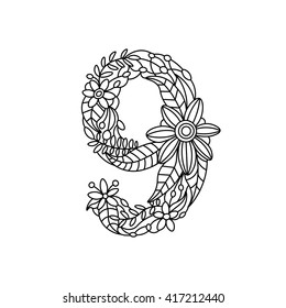 Floral font number coloring book for adults vector illustration. 