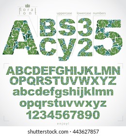 Floral font and numbers, hand-drawn vector alphabet letters decorated with botanical pattern. Ornamental typescript and numeration from 0 to 9, vintage design.