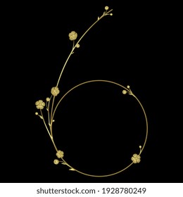Floral font. Numeral 6 with blooming branches of buttercup or ranunculus flowers. Number six digit. Glossy golden silhouette on black background. Isolated vector illustration.