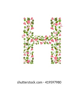 Floral font with spring pink flowers. Romantic alphabet letter H