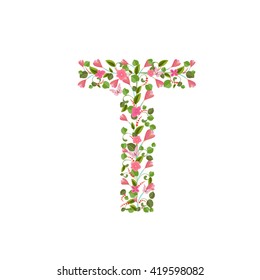 Floral font with spring pink flowers. Romantic alphabet letter T