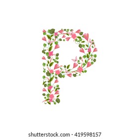 Floral font with spring pink flowers. Romantic alphabet letter P
