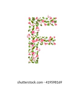Floral font with spring pink flowers. Romantic alphabet letter F