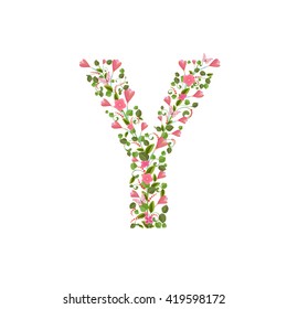 Floral font with spring pink flowers. Romantic alphabet letter Y