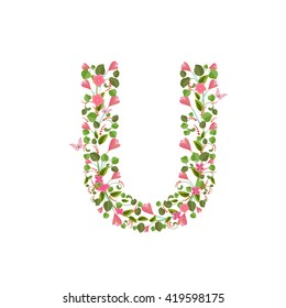 Floral font with spring pink flowers. Romantic alphabet letter U