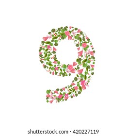 Floral font with spring pink flowers. Romantic number nine