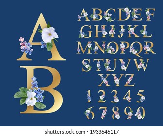 Floral Font. Wedding Alphabet. Initials With Realistic Botanical Elements